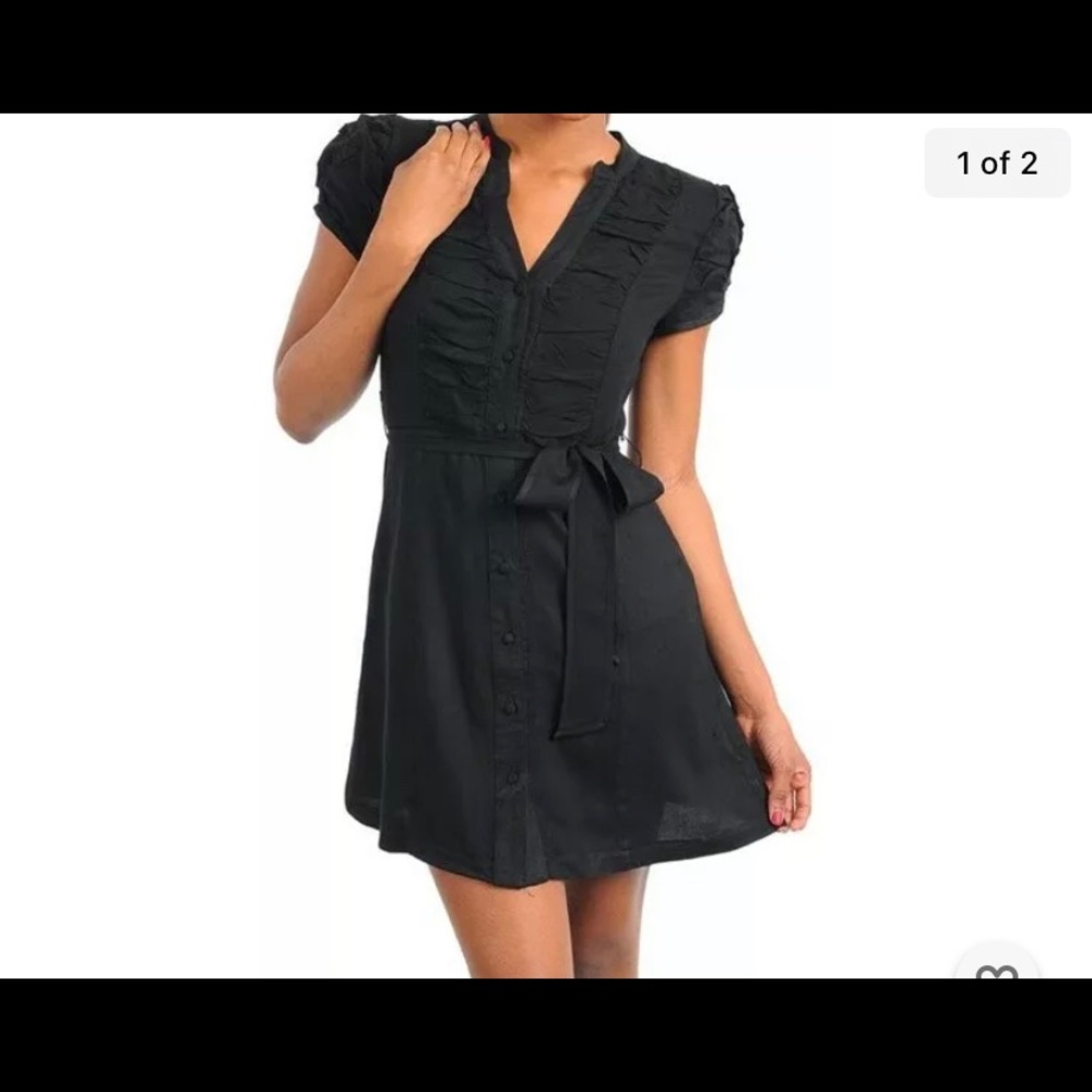 Trendy Black Preppie Button up Rayon Belted Mini Dress New casual Dress new Mod